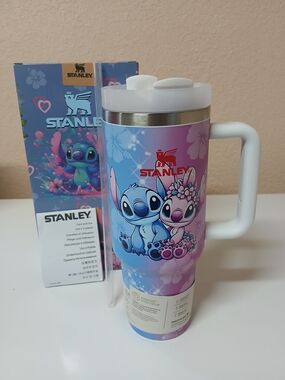 Stanley Pink & Blue Stitch Floral Travel Mug with White Handle